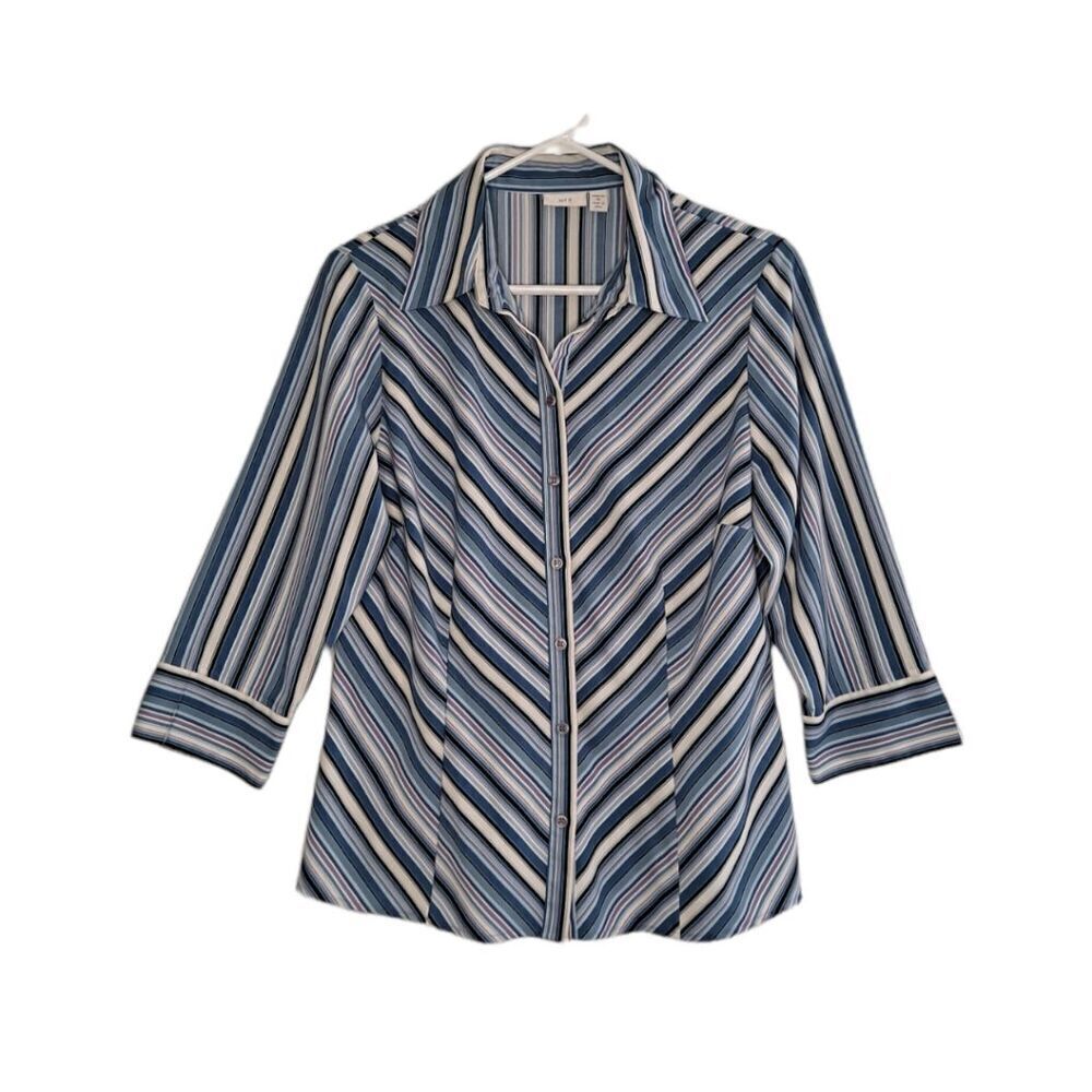 Apt 9 Striped Button Front Blouse Blue Black White Medium